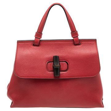Gucci Red Leather Small Bamboo Daily Top Handle Bag