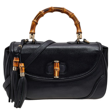 Gucci Black Leather New Bamboo Tassel Top Handle Bag