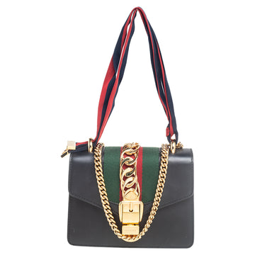 Gucci Black Leather Mini Web Sylvie Chain Crossbody Bag