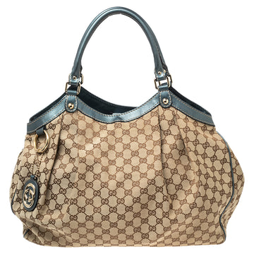 Gucci Beige/Metallic Blue GG Canvas and Leather Large Sukey Tote