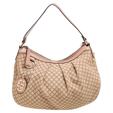 Gucci Beige/Pink Diamante Canvas And Leather Medium Sukey Hobo