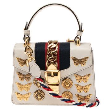 Gucci White Leather Mini Sylvie Animal Studded Top Handle Bag