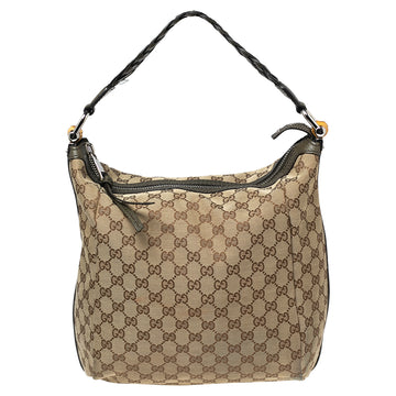 Gucci Beige/Olive Green GG Canvas and Leather Bamboo Bar Hobo