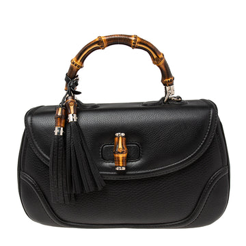 Gucci Black Leather New Bamboo Tassel Top Handle Bag