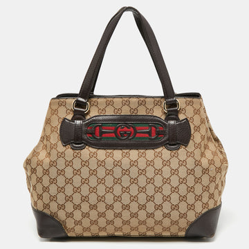 Gucci Dark Brown/Beige GG Canvas and Leather Medium Supreme Web Dressage Tote