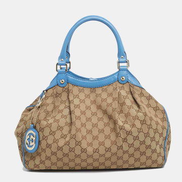 Gucci Beige/Blue GG Canvas And Leather Large Sukey Tote