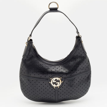 Gucci Black Perforated Leather Reins Hobo