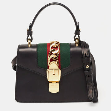 Gucci Black Leather Mini Web Chain Sylvie Top Handle Bag