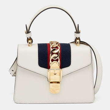 Gucci White Leather Mini Web Chain Sylvie Top Handle Bag