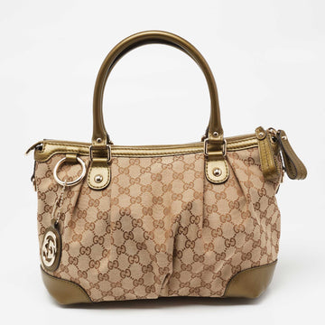 Gucci Beige/Green GG Canvas and Leather Sukey Tote