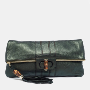 Gucci Metallic Green Leather Bamboo Detail Tassel Lucy Fold Over Clutch