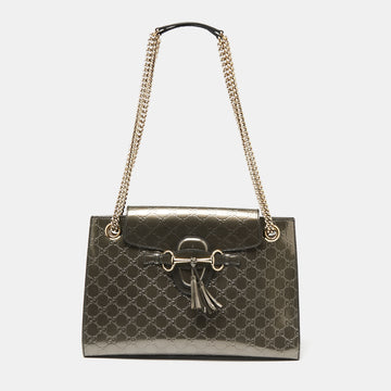 Gucci Metallic Grey Guccissima Patent Leather Large Emily Chain Shoulder Bag