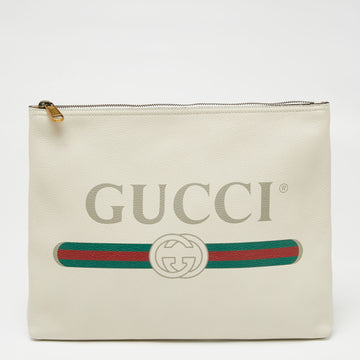 Gucci Off White Leather Logo Print Zip Pouch