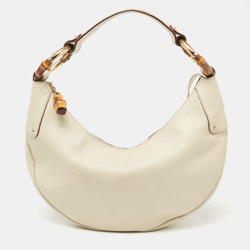 Gucci Off White Leather Bamboo Ring Half Moon Hobo