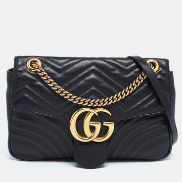 Gucci Black Matelasse Leather Medium GG Marmont Shoulder Bag