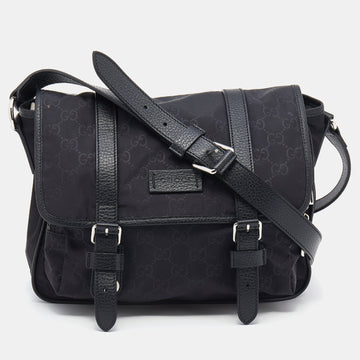 Gucci Black GG Nylon And Leather Flap Messenger Bag