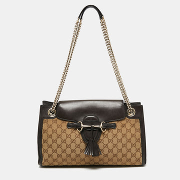 Gucci Beige/Brown GG Canvas And Leather Large Emily Chain Shoulder Bag