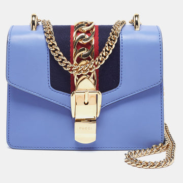 Gucci Light Blue Leather Mini Web Sylvie Chain Shoulder Bag