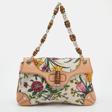 Gucci Multicolor Flora Print Canvas Beaded Bamboo Shoulder Bag