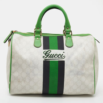 Gucci White/Green GG Supreme Canvas And Leather Medium Web Stripe Joy Boston Bag