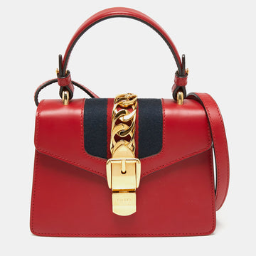 Gucci Red Leather Mini Web Sylvie Top Handle Bag