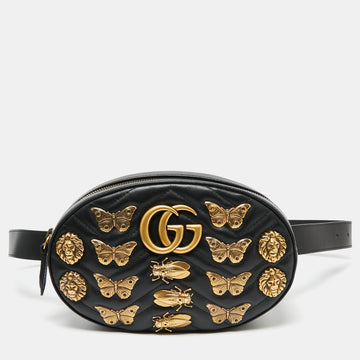 Gucci Black Leather Animal Stud GG Marmont Belt Bag