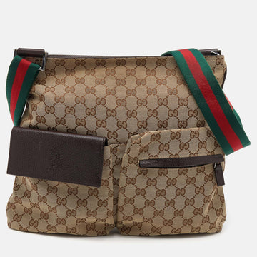 Gucci Beige GG Canvas Medium Web Double Pocket Messenger Bag