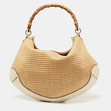 Gucci Beige/Cream Raffia And Leather Peggy Bamboo Handle Hobo