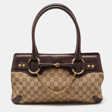 Gucci Beige/Dark Brown GG Canvas and Leather Horsebit Chain Tote