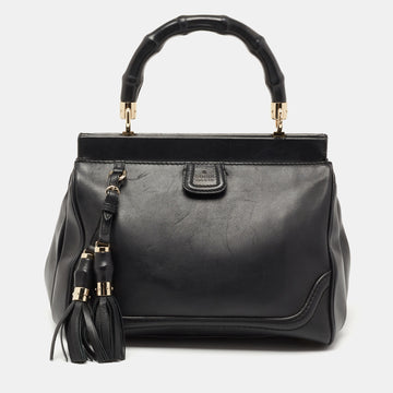 Gucci Black Leather Bold Bamboo Top Handle Bag