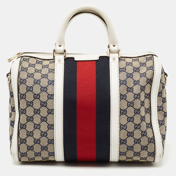 Gucci White/Navy Blue GG Canvas and Leather Medium Vintage Web Boston Bag