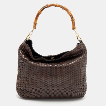 Gucci Dark Brown Woven Leather Bamboo Handle Tote