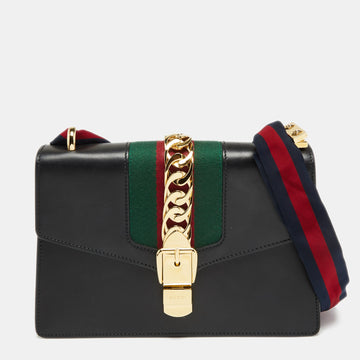 Gucci Black Leather Small Web Sylvie Flap Shoulder Bag