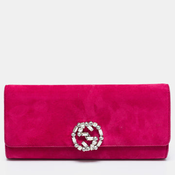 Gucci Pink Suede Interlocking G Crystal Embellished Broadway Clutch