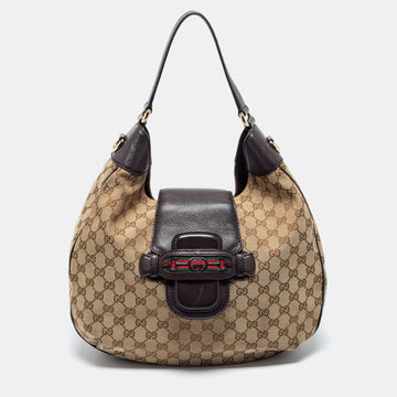 Gucci Dark Brown/Beige GG Canvas and Leather Dressage Hobo