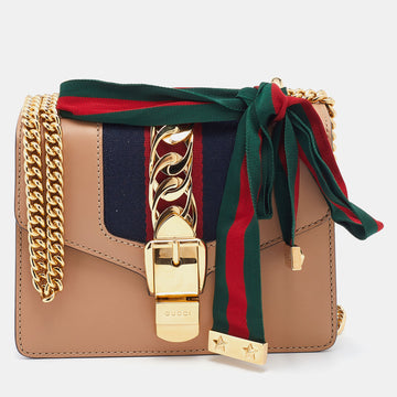 Gucci Beige Leather Sylvie Mini Web Chain Shoulder Bag