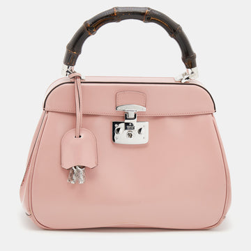 Gucci Pink Leather Lady Lock Bamboo Top Handle Bag