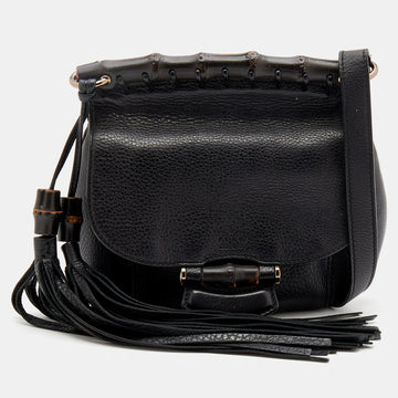 Gucci Black Leather Bamboo Nouveau Fringe Tassel Shoulder Bag