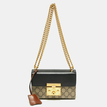 Gucci Black/Beige GG Supreme Canvas And Leather Small Padlock Shoulder Bag