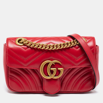 Gucci Red Matelasse Leather Mini GG Marmont Shoulder Bag