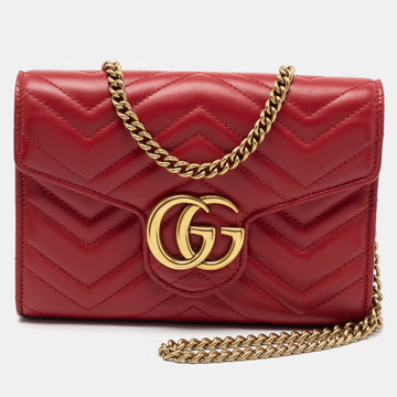 Gucci Red Matelasse Leather GG Marmont Wallet On Chain