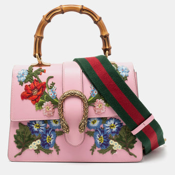 Gucci Pink Embroidered Leather Medium Dionysus Bamboo Top Handle Bag