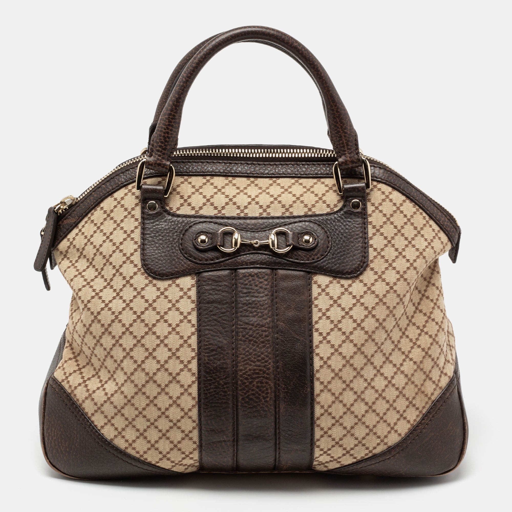 Gucci Beige Brown Diamante Canvas And Leather Large Horsebit Catherine