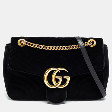 Gucci Black Matelasse Velvet Medium GG Marmont Shoulder Bag