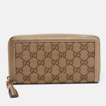 Gucci Beige/Gold GG Canvas and Leather Bamboo Tassel Zip Around Wallet