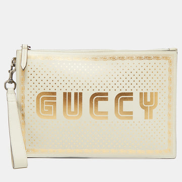 Gucci Off White/Gold Leather 'Guccy' Zip Wristlet Clutch