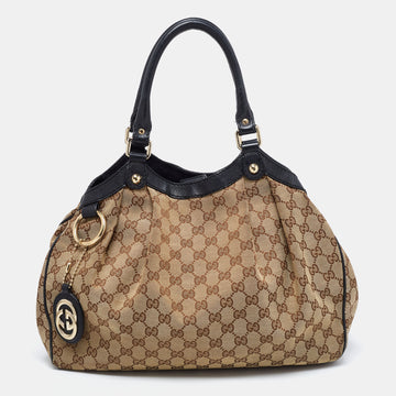 Gucci Beige/Black GG Canvas And Leather Medium Sukey Tote