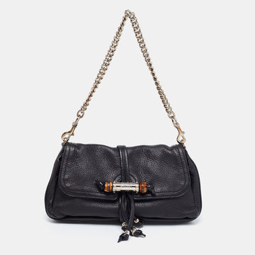 Gucci Black Leather New Bamboo Tassel Shoulder Bag