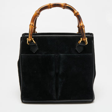 Gucci Black Suede Vintage Bamboo Handle Bag