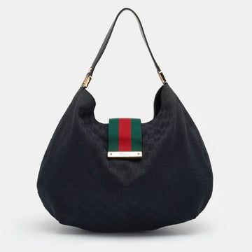 Gucci Black GG Canvas and Leather Large New Ladies Web Hobo